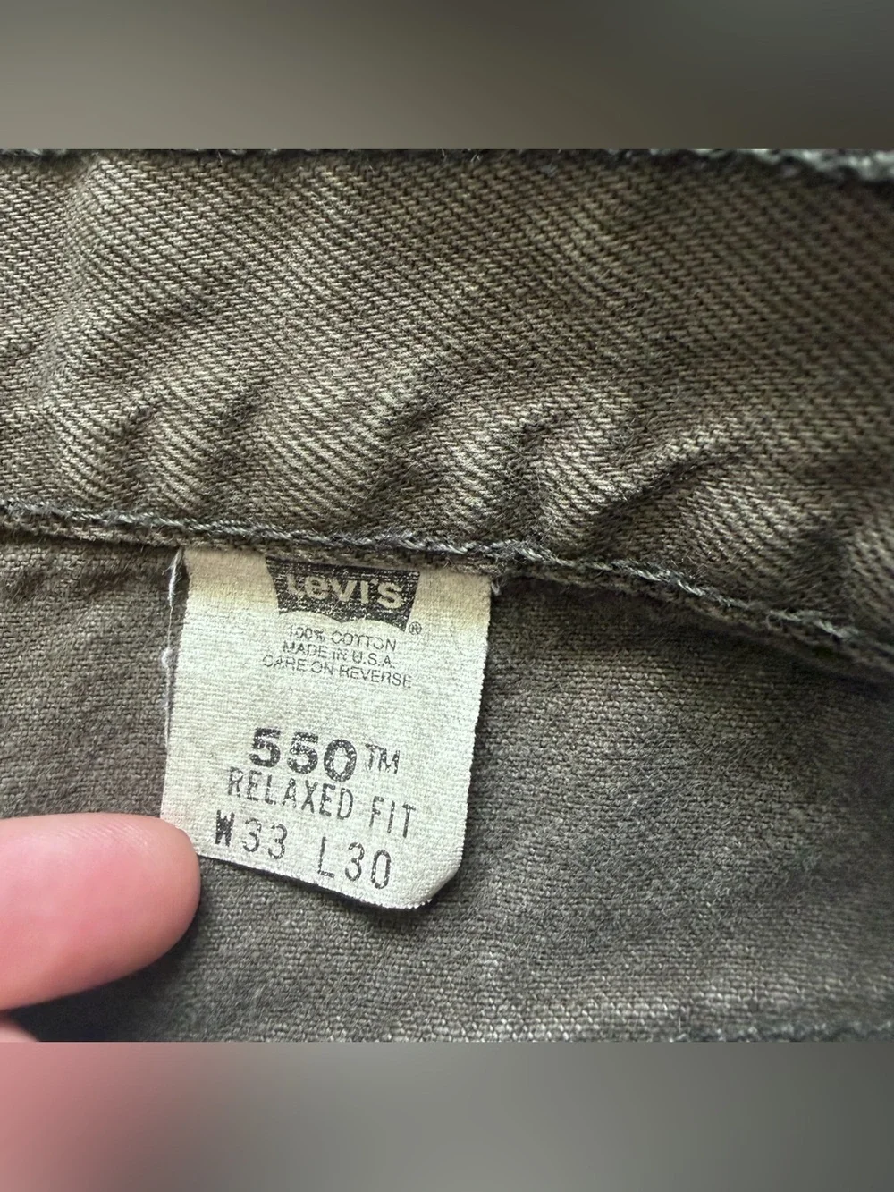 vintage levi’s 550 denim pants army green made in usa relaxed fit 32x28